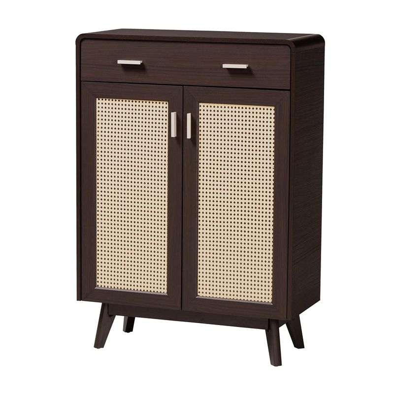 Baxton Studio Giancarlo Brown Wood 2-Door Shoe Cabinet with Rattan Door