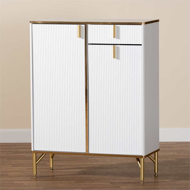 Baxton Studio Lilac Modern Glam White Wood and Gold Metal 2-Door Shoe Cabinet