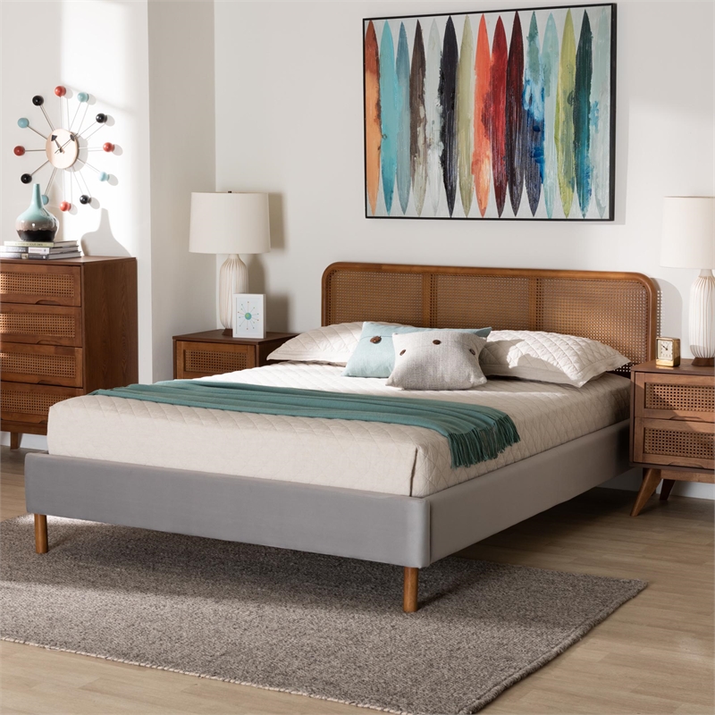 Baxton Studio Rosita Gray Velvet Fabric and Brown Wood Queen Size Platform Bed