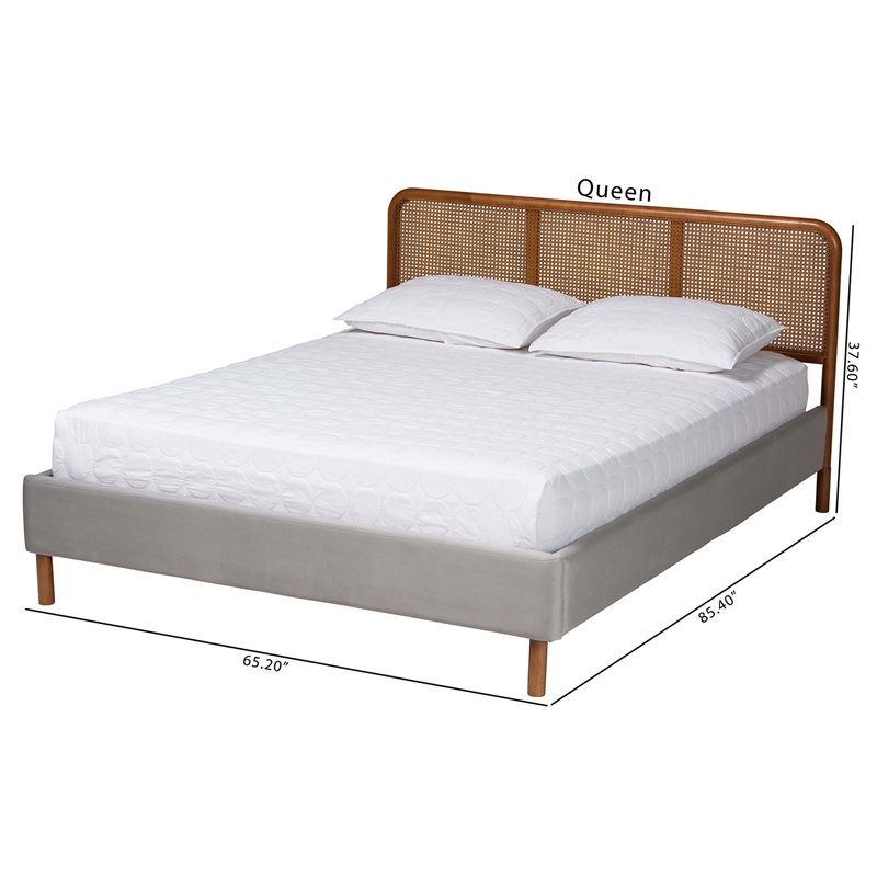 Baxton Studio Rosita Gray Velvet Fabric and Brown Wood Queen Size Platform Bed