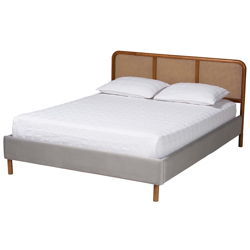 Baxton Studio Rosita Gray Velvet Fabric and Brown Wood Queen Size Platform Bed