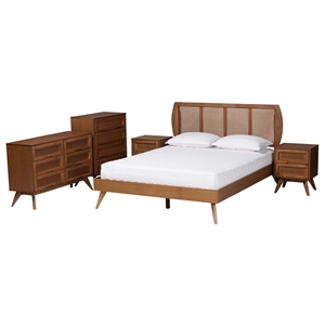 Baxton Studio Asami Brown Wood and Woven Rattan Queen Size 5-Piece Bedroom Set
