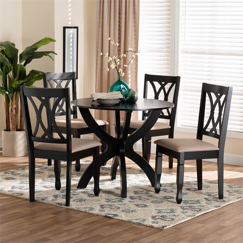 Baxton Studio April Sand Fabric and Dark Brown Finished Wood 5-Piece Dining Set