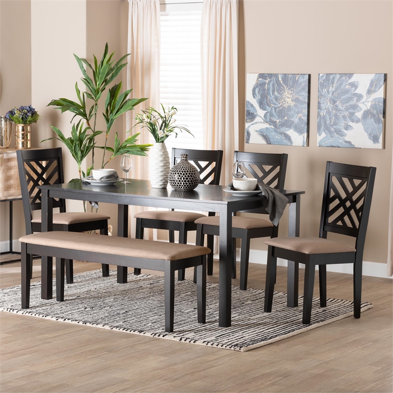 Baxton Studio Gustavo Sand Fabric and Walnut Brown Wood 6-Piece Dining Set