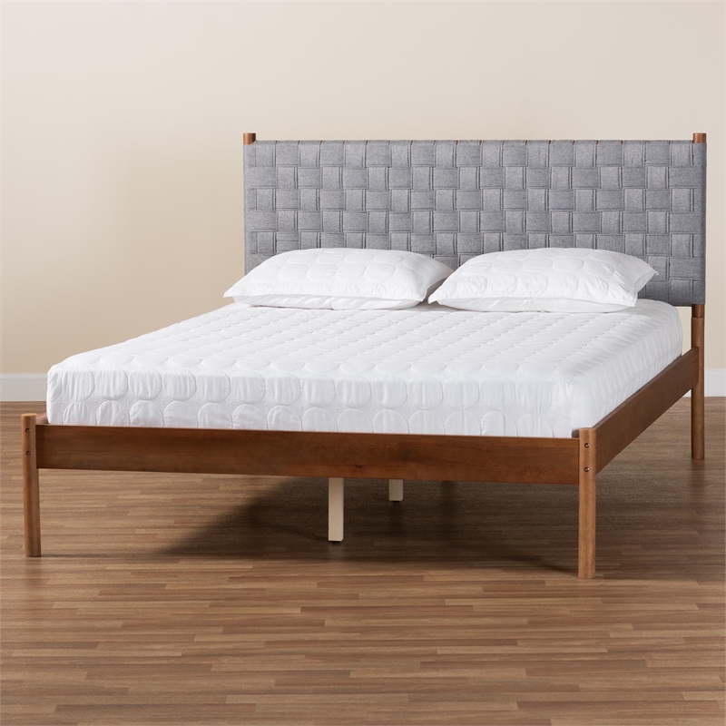 Baxton Studio Estela Gray Woven Fabric and Brown Wood Queen Size Platform Bed
