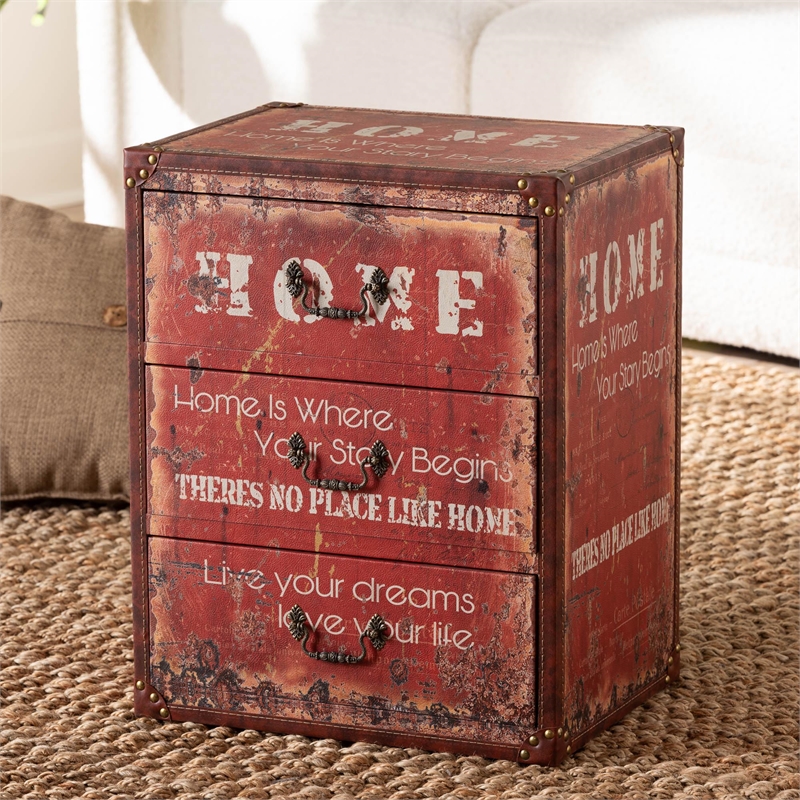 Baxton Studio Lorand Vintage Faux Leather and Wood 3-Drawer Storage Trunk