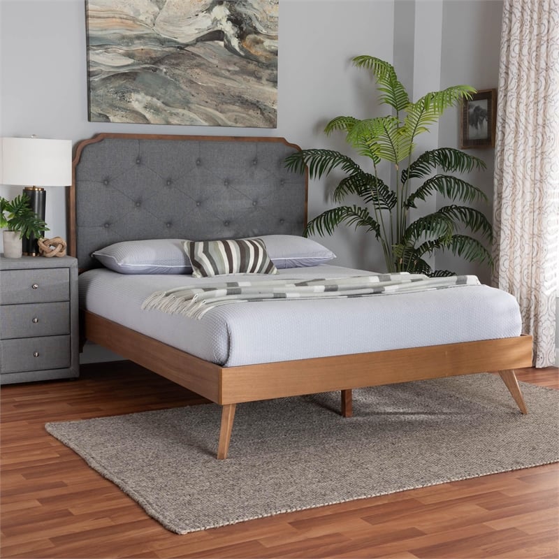 Baxton Studio Lorana Gray Fabric and Walnut Brown Wood King Size Platform Bed
