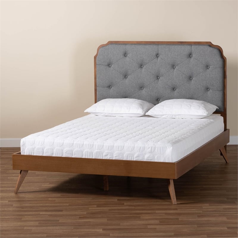 Baxton Studio Lorana Gray Fabric and Walnut Brown Wood King Size Platform Bed
