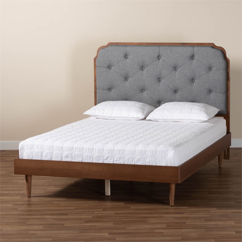 Baxton Studio Garron Gray Fabric and Walnut Brown Wood King Size Platform Bed