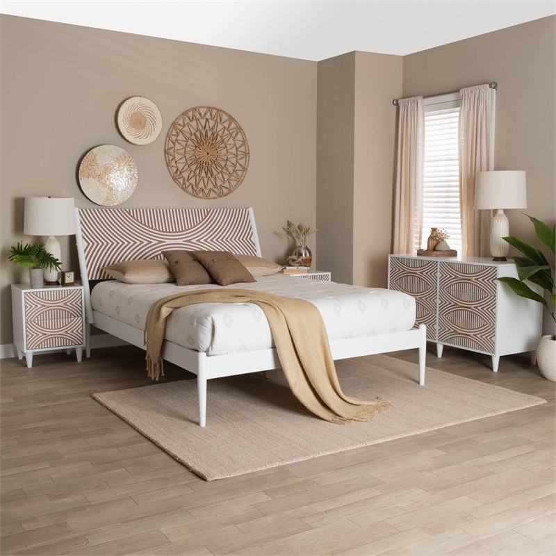 Baxton Studio Louetta White Caved Contrasting King Size 4-Piece Bedroom Set