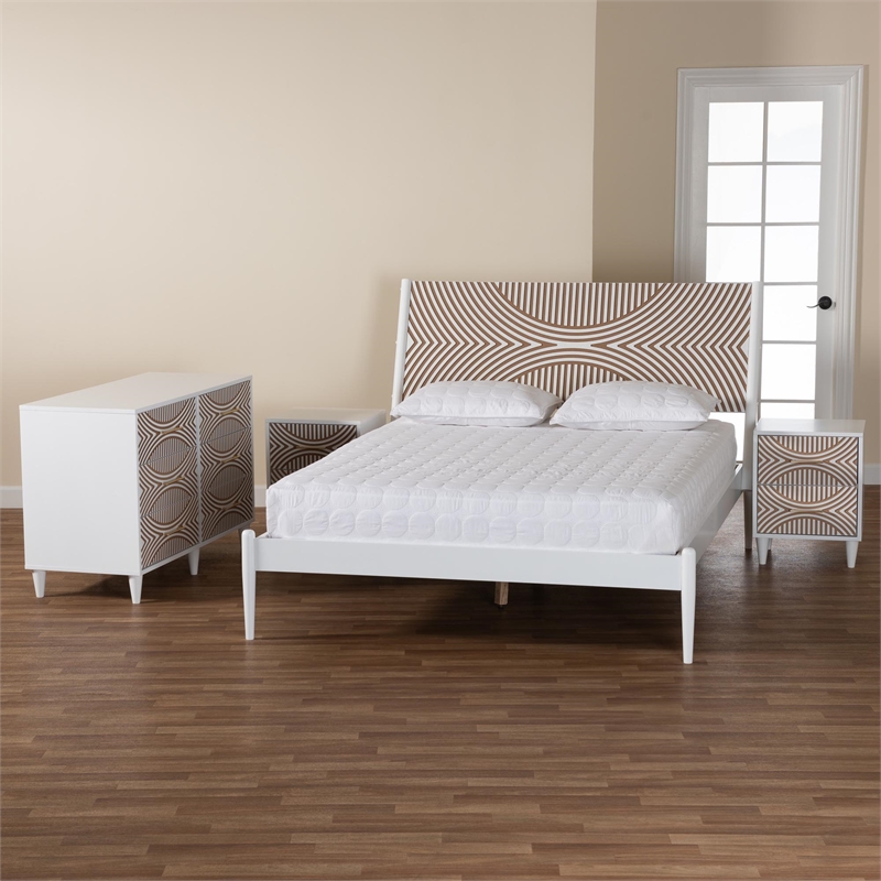 Baxton Studio Louetta White Caved Contrasting King Size 4-Piece Bedroom Set