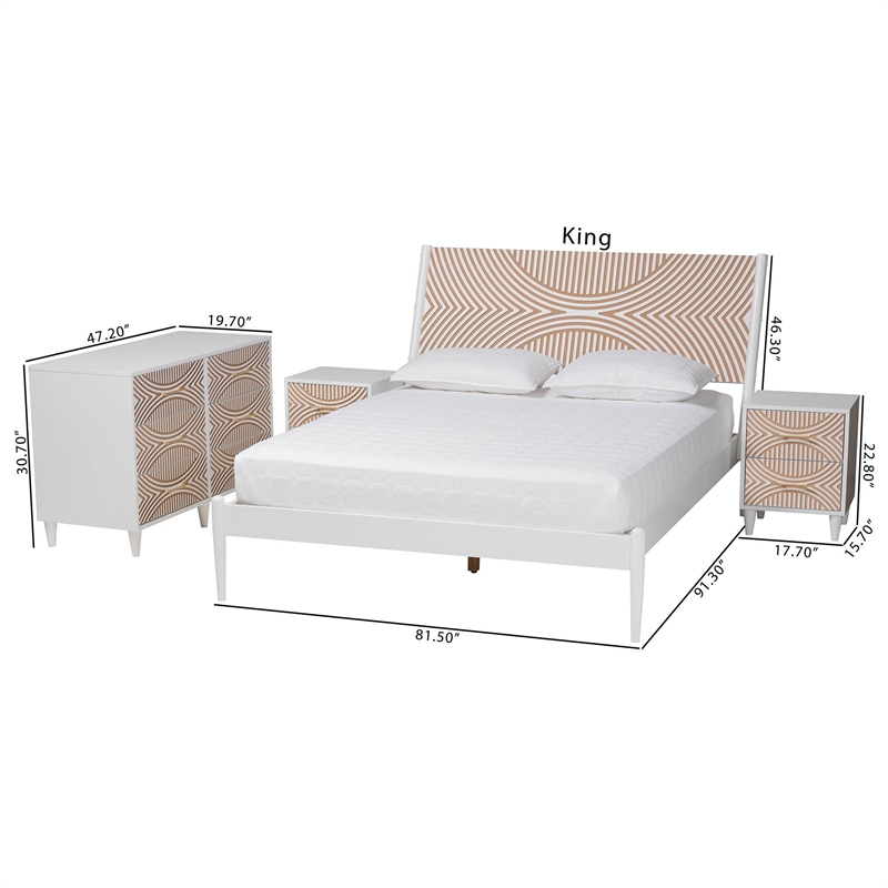 Baxton Studio Louetta White Caved Contrasting King Size 4-Piece Bedroom Set