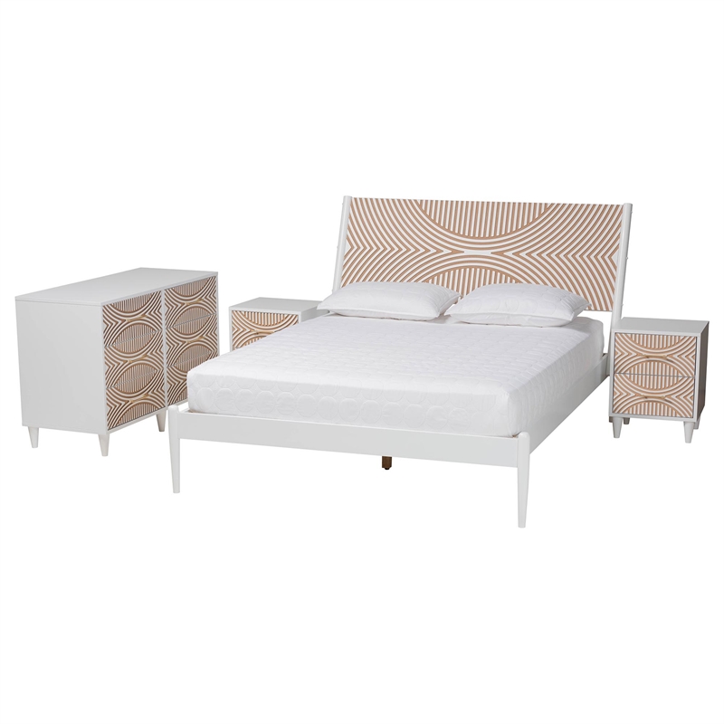 Baxton Studio Louetta White Caved Contrasting King Size 4-Piece Bedroom Set