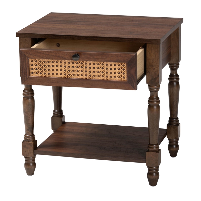 Baxton Studio Roden Transitional Dark Brown Nightstand with Rattan