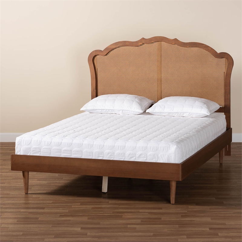 Baxton Studio Camden Walnut Brown Wood and Rattan Queen Size Platform Bed