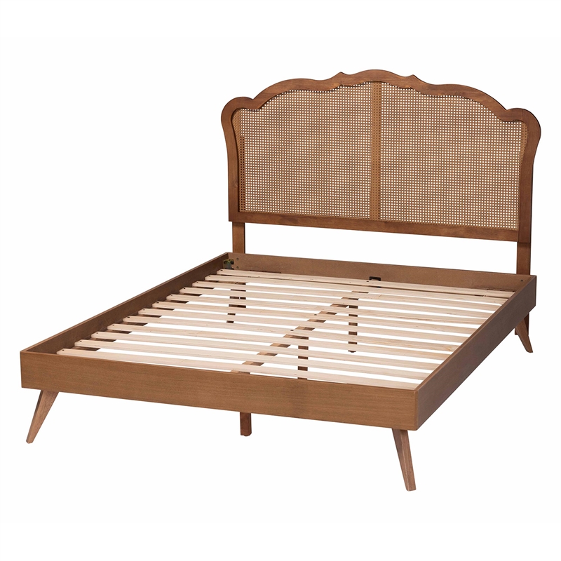 Baxton Studio Aithan Walnut Brown Wood and Rattan Queen Size Platform Bed