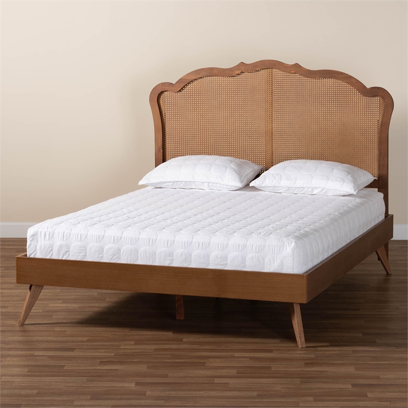 Baxton Studio Aithan Walnut Brown Wood and Rattan Queen Size Platform Bed