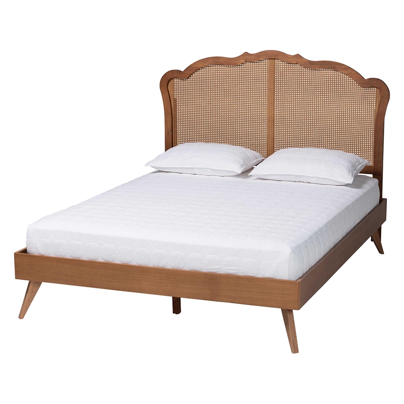 Baxton Studio Aithan Walnut Brown Wood and Rattan Queen Size Platform Bed