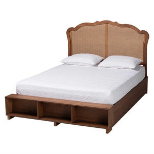 Baxton Studio Latrell Walnut Brown Wood and Rattan Queen Size Storage Bed