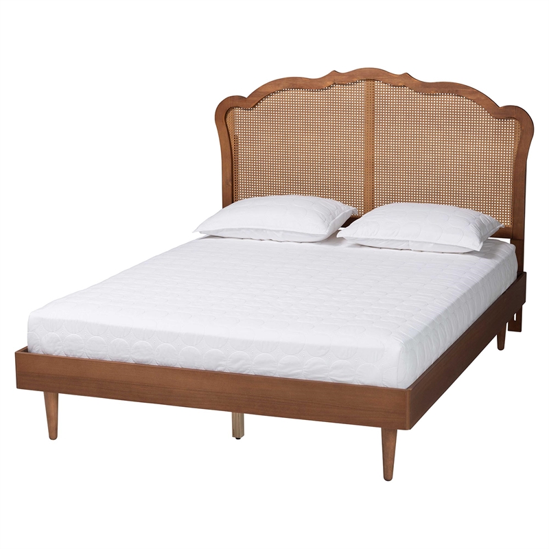 Baxton Studio Camden Walnut Brown Wood and Rattan King Size Platform Bed