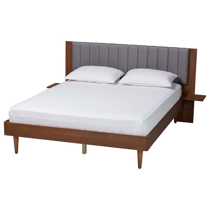 Baxton Studio Kalista Gray Fabric and Brown Wood Queen Size Bed with Tables