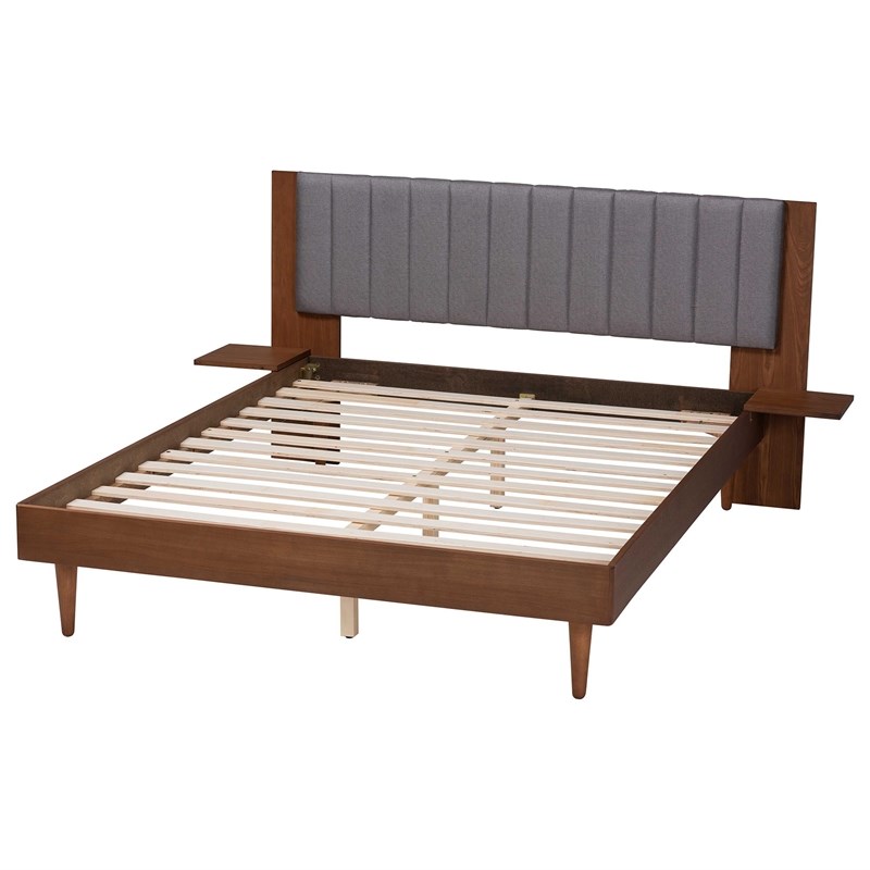 Baxton Studio Kalista Gray Fabric and Brown Wood Queen Size Bed with Tables
