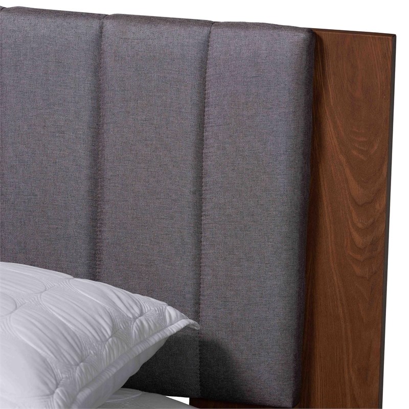 Baxton Studio Kalista Gray Fabric and Brown Wood Queen Size Bed with Tables