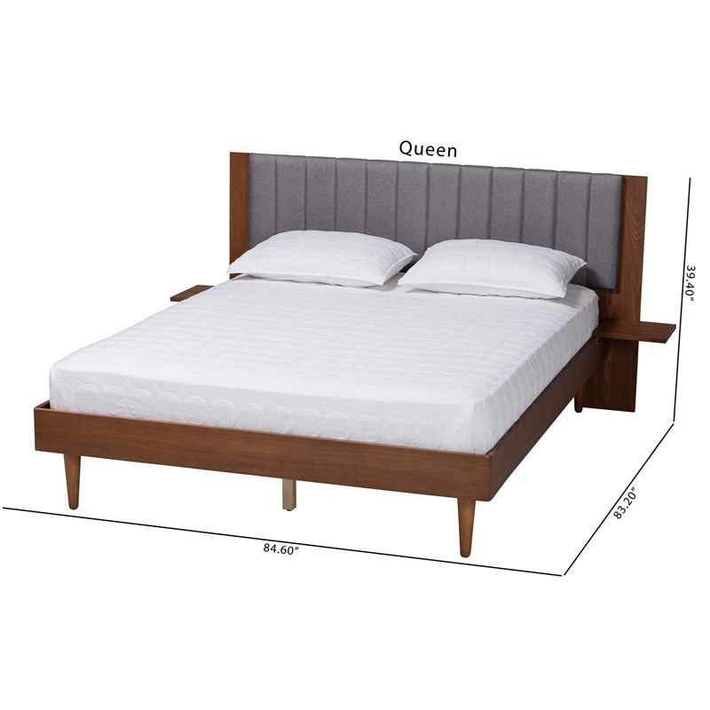 Baxton Studio Kalista Gray Fabric and Brown Wood Queen Size Bed with Tables