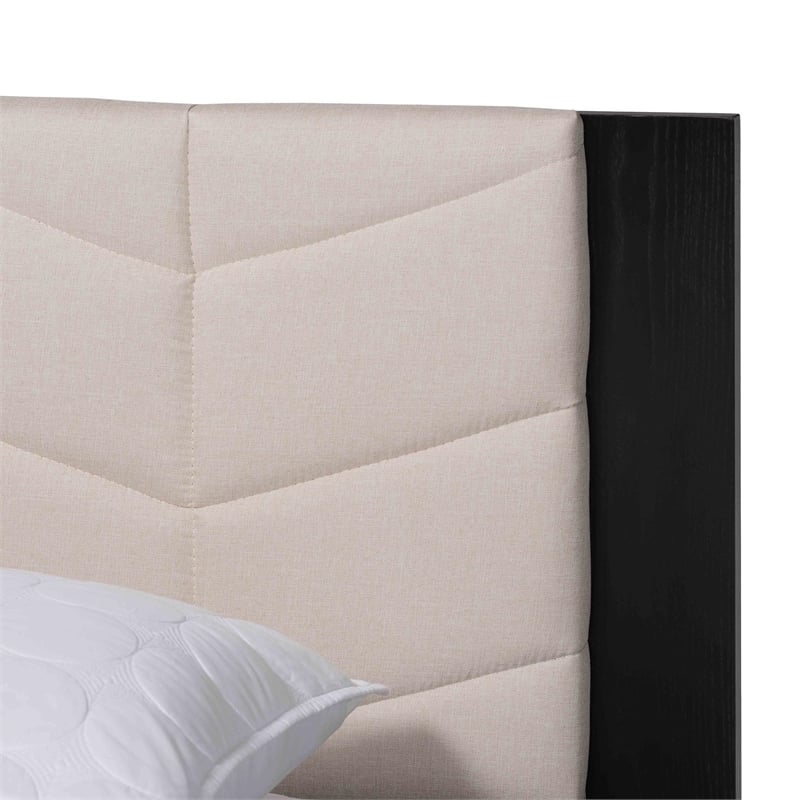 Baxton Studio Adriano Beige Fabric and Black Wood Queen Size Bed with Tables