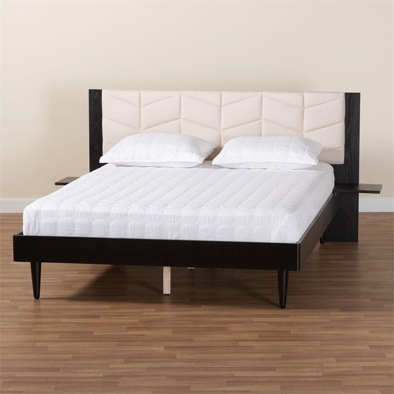 Baxton Studio Adriano Beige Fabric and Black Wood Queen Size Bed with Tables