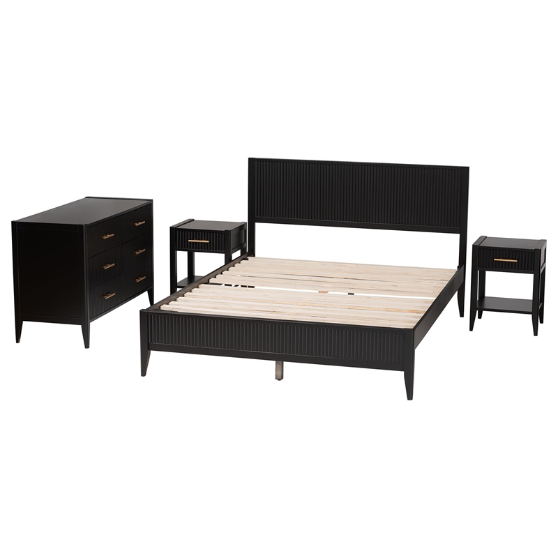Baxton Studio Primrose Black Fluted Wood Queen Size 4-Piece Bedroom Set