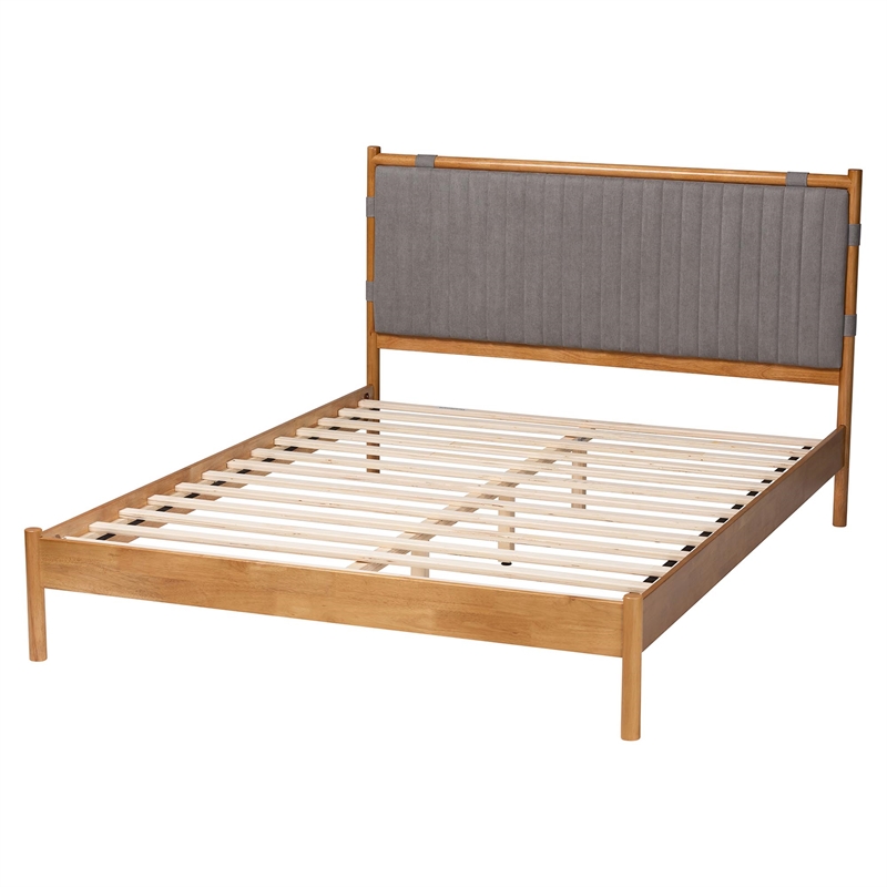 Baxton Studio Jaiana Mid-Century Gray Fabric and Oak Brown Wood Queen Size Bed