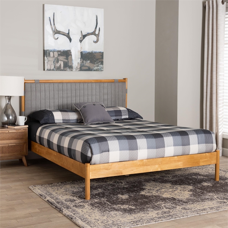 Baxton Studio Jaiana Mid-Century Gray Fabric and Oak Brown Wood Queen Size Bed