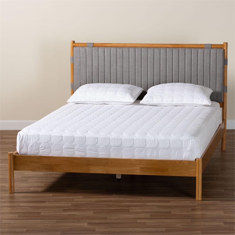 Baxton Studio Jaiana Mid-Century Gray Fabric and Oak Brown Wood Queen Size Bed