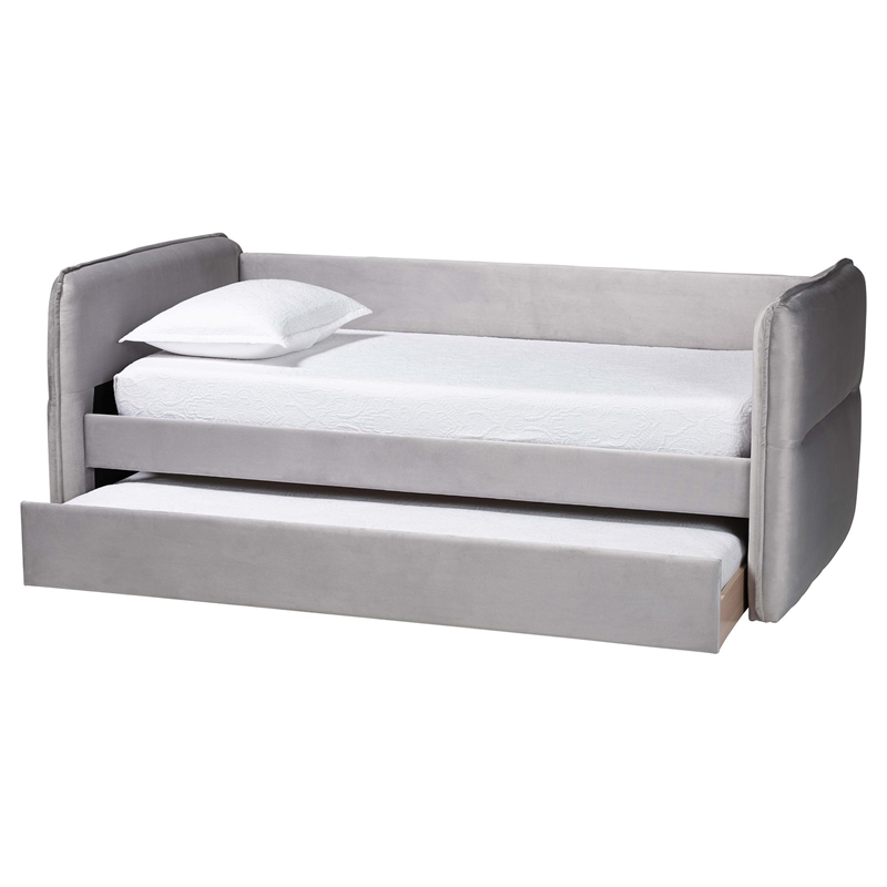 Baxton Studio Finch Light Gray Velvet Fabric Full Size Daybed with Trundle