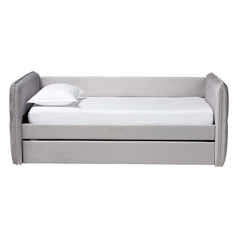 Baxton Studio Finch Light Gray Velvet Fabric Full Size Daybed with Trundle