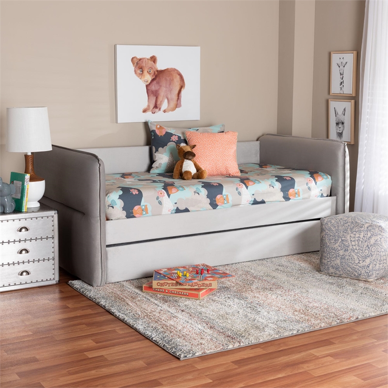 Baxton Studio Finch Light Gray Velvet Fabric Full Size Daybed with Trundle