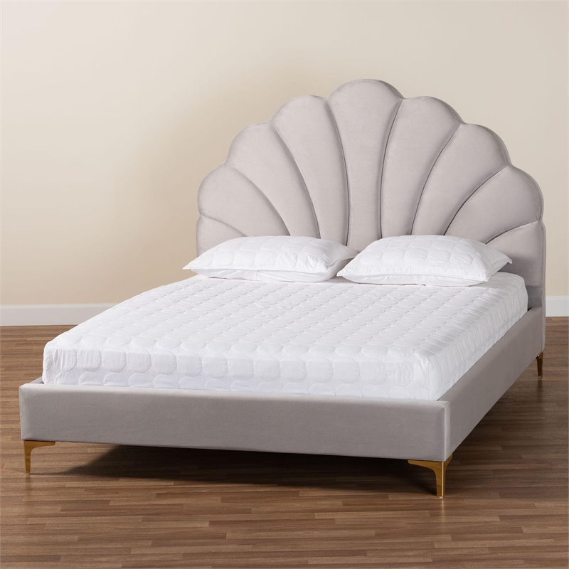 Baxton Studio Acosta Light Gray Velvet Headboard Queen Size Platform Bed