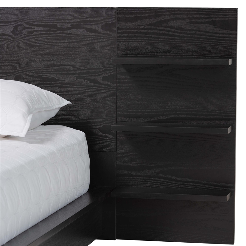 Baxton Studio Elina Black Wood Queen Size Platform Bed with Built-In Shelves