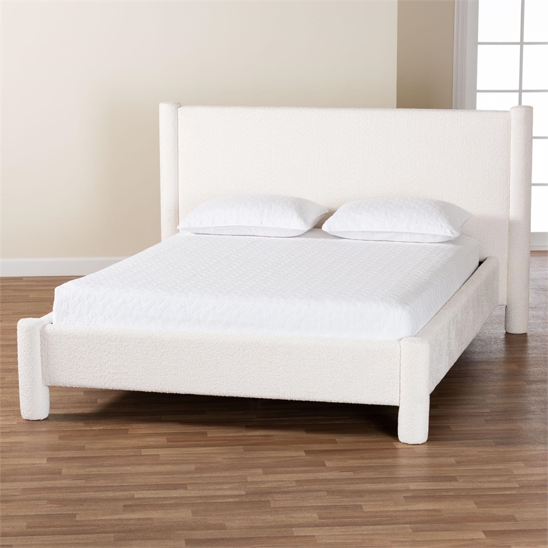 Baxton Studio Laria Modern White Teddy-Bear Fabric King Size Platform Bed