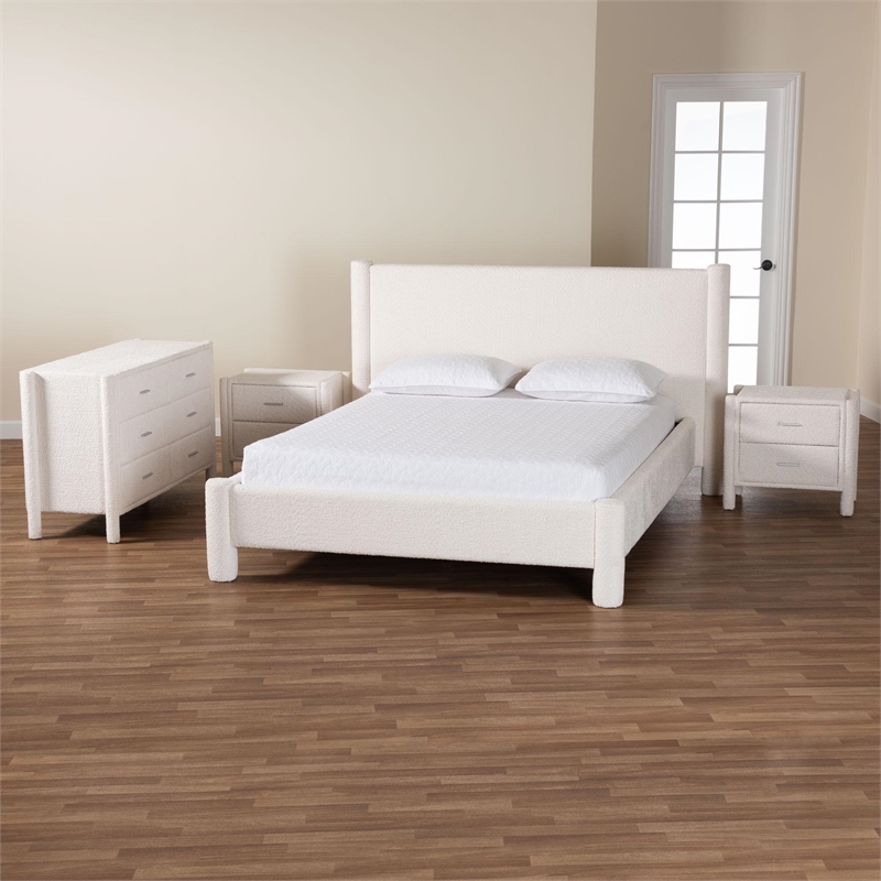 Baxton Studio Laria White Teddy-Bear Fabric King Size 4-Piece Bedroom Set