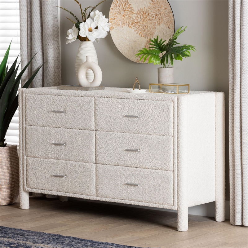 Baxton Studio Laria Modern White Teddy-Bear Fabric 6-Drawer Dresser