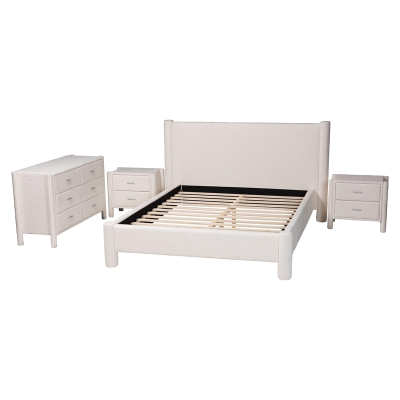 Baxton Studio Laria White Teddy-Bear Fabric Queen Size 4-Piece Bedroom Set