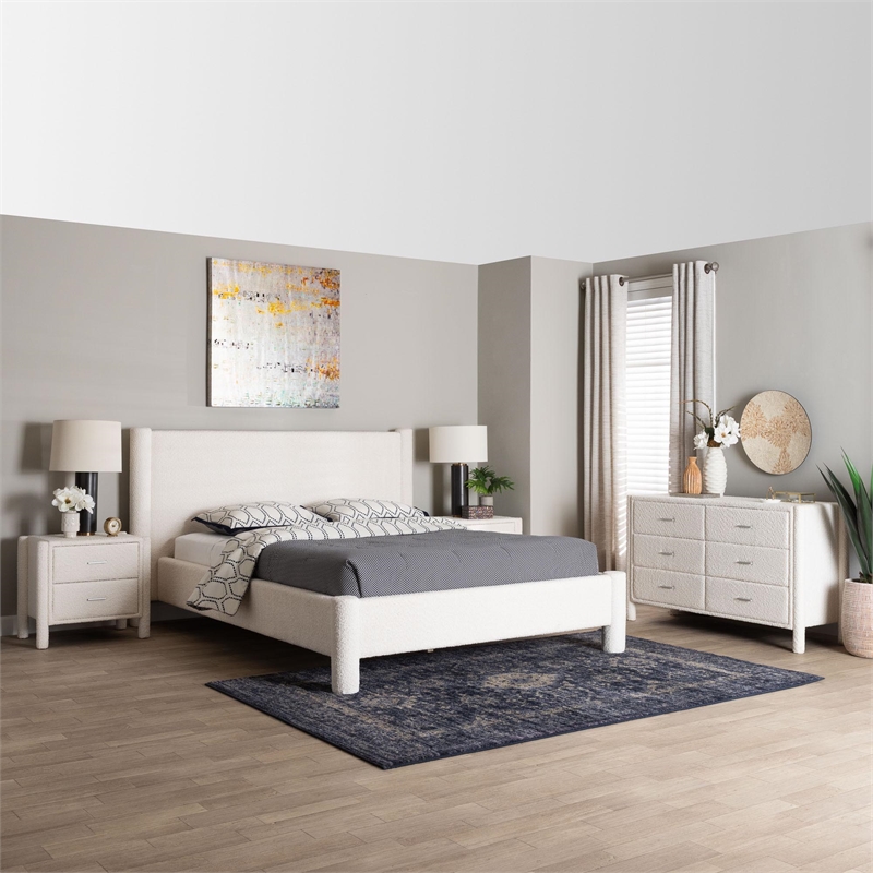 Baxton Studio Laria White Teddy-Bear Fabric Queen Size 4-Piece Bedroom Set