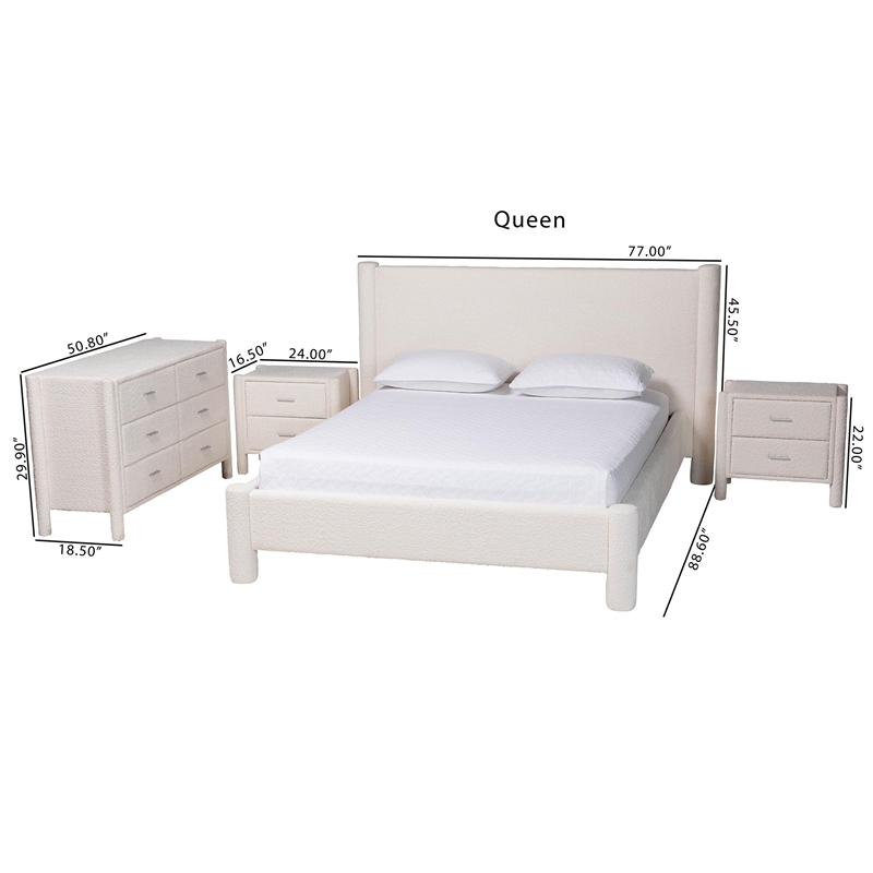 Baxton Studio Laria White Teddy-Bear Fabric Queen Size 4-Piece Bedroom Set