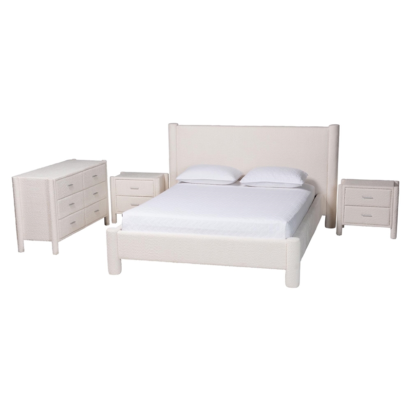Baxton Studio Laria White Teddy-Bear Fabric Queen Size 4-Piece Bedroom Set