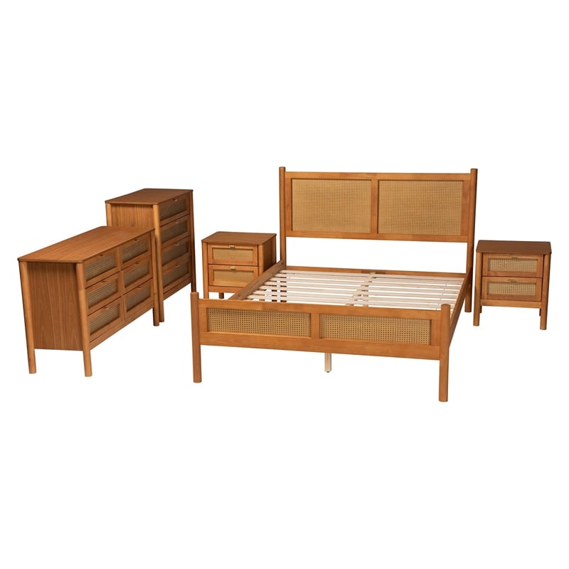 Baxton Studio Jenn Golden Brown Wood Japandi 5-Piece Queen Size Bedroom Set