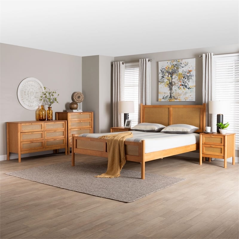 Baxton Studio Jenn Golden Brown Wood Japandi 5-Piece Queen Size Bedroom Set