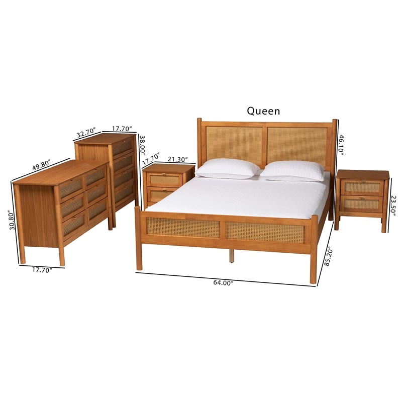 Baxton Studio Jenn Golden Brown Wood Japandi 5-Piece Queen Size Bedroom Set