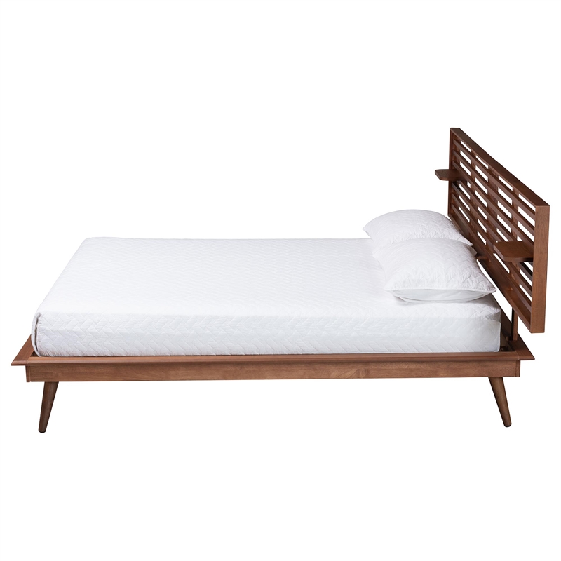 Baxton Studio Elvina Walnut Wood Queen Size Platform Bed with Built-In Shelves